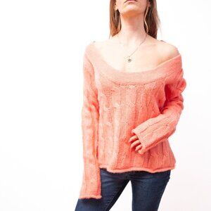 Y2K Relativity Off Shoulder Cable Knit Sweater L Coral Pink Mohair Fairy Cozy